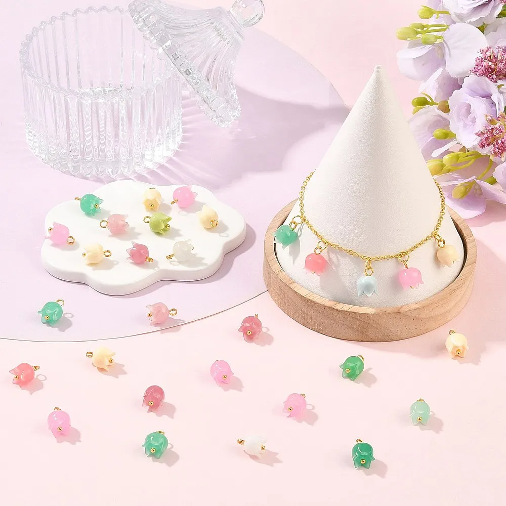 30pcs Synthetic Coral Flower Charms Bell‑Shaped Floral Pendants for DIY Necklace Bracelet Making Jewelry Decor Craft Supplies