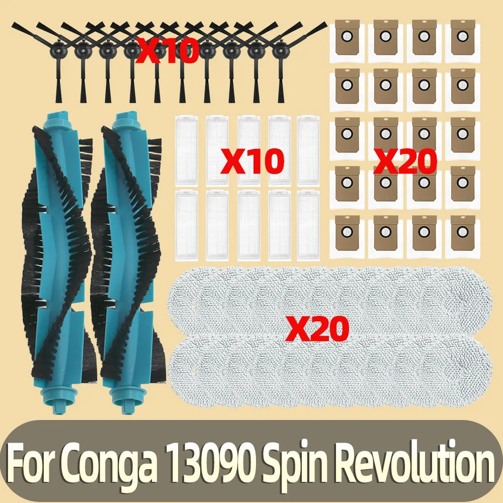 Compatible Para (Cecotec Conga 13090 Spin Revolution) Piezas de Aspiradora Rodillo Principal, Cepillo Lateral, Filtro HEPA, Paño de Mop, Bolsa de Polvo, Accesorios
