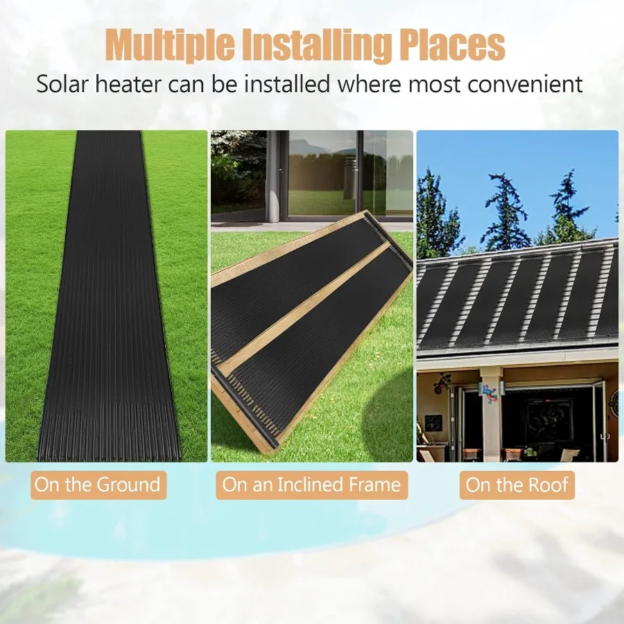 Chauffe-piscine solaire 2,5 pieds x 10 pieds pour piscines hors sol et creusées, chauffe-piscine résistant aux intempéries, système de chauffage à panneau solaire noir