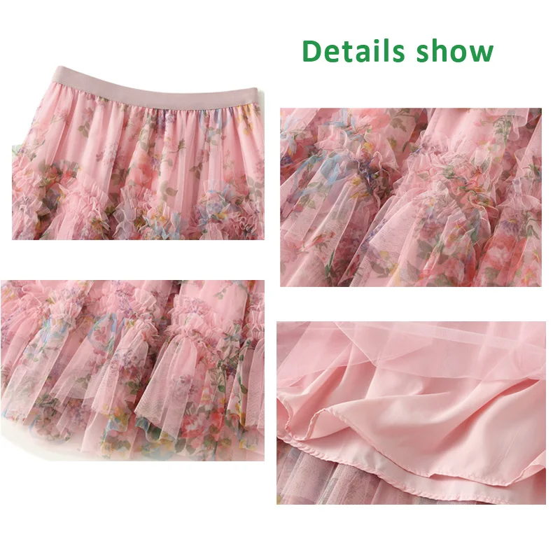 Colorful Flower Mesh long Skirt for Women 2025 Spring Summer French Court Style Cake Midi Dress Tulle Tutu Skirts