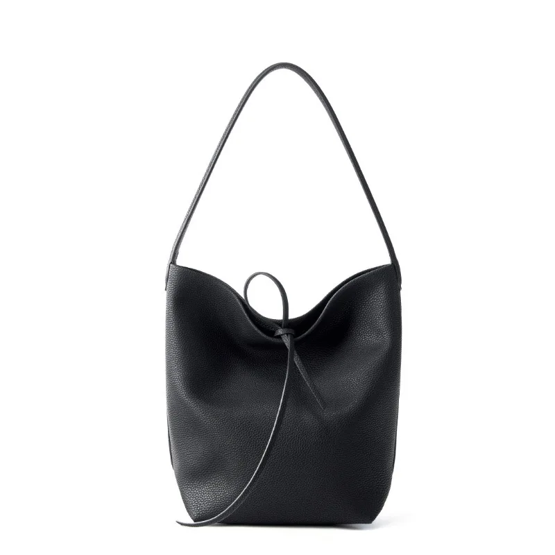 Minimalist Sophisticated Everyday Work Mini Bucket Bag for Women Genuine Leather Top Handle Large Capacity Handbag