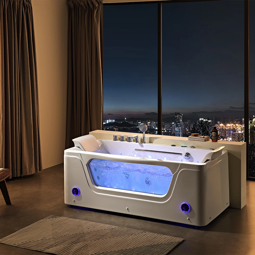 Modern Free Standing Acrylic Whirlpool Bathtub Red White Square Design with Drainer Includes Faucet for Bathroom Apartment Use