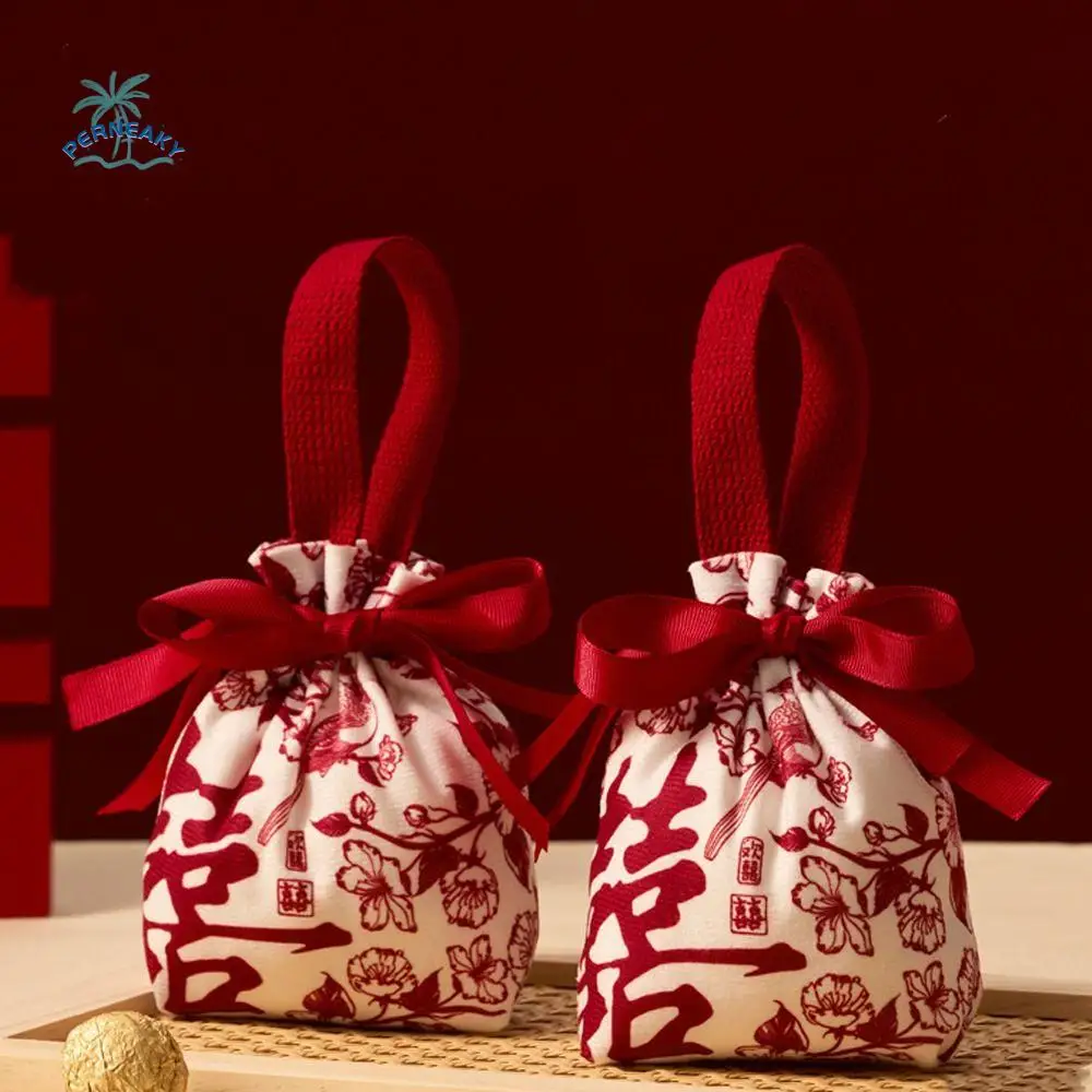 

5pcs Fashion Chinese Style Wedding Candy Bag Flowers Red Drawstring Bag Large Capacity Bowknot Festive Sugar Bag Engagement