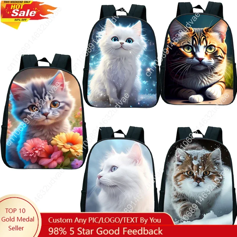 12Inch Cute Cat Print Backpack Waterproof Kindergarten Bag Kids School Bags Boys Girls Cartoon Cat Book Bags Back To School Gift