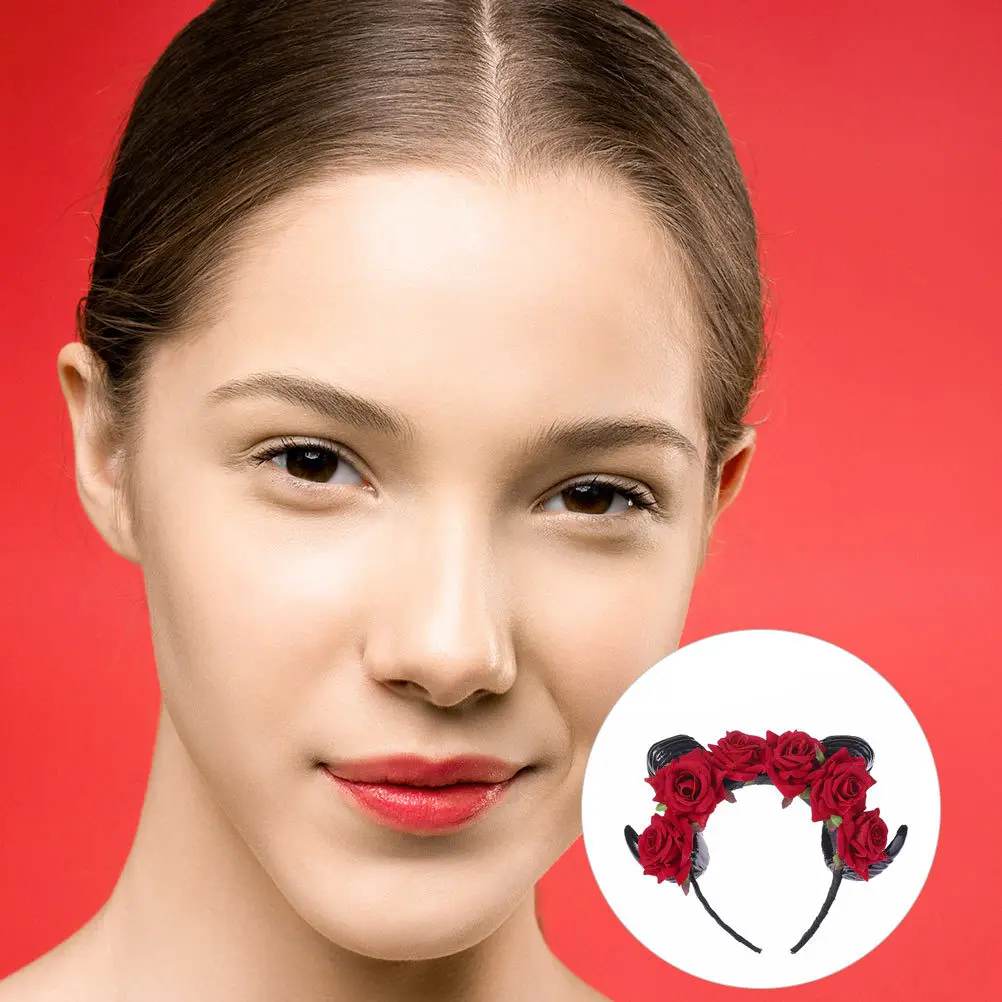 

Artificial Rose Headband Costume Headpiece Horn Halloween Cow with Red Flowers Renaissance Cosplay Headwear