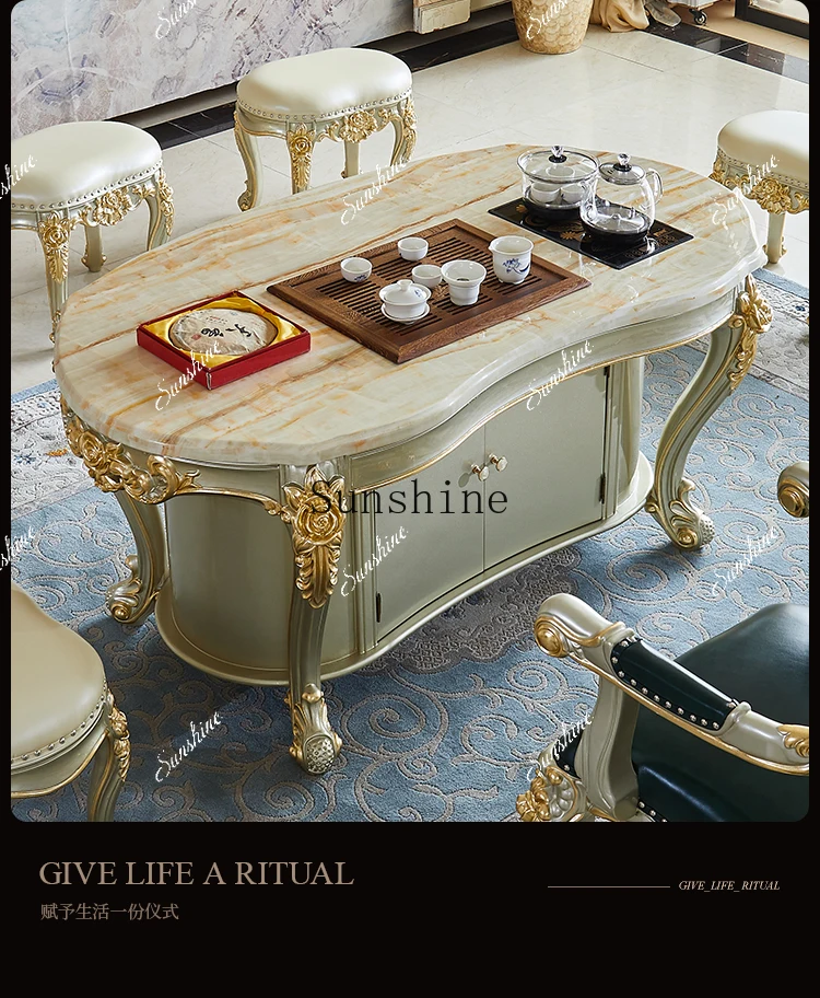 

European style tea table marble solid wood tea table and chair combination home balcony office FT