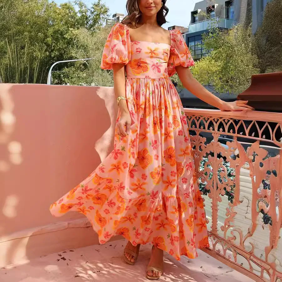 

2024 Spring/Summer New Bubble Sleeve Square Neck Printed A-Line High Waist Dress For Women