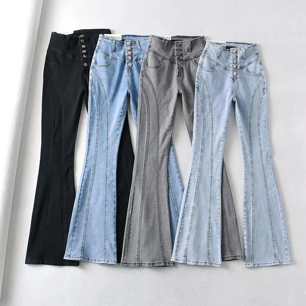 Sweet High Waist Bell Bottom Jeans Slim Fit Patchwork Button Denim Wide Leg Pants for Stylish Women Trendy All Seasons