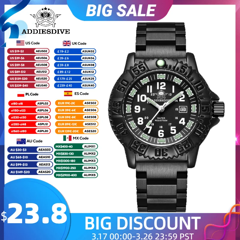 ADDIESDIVE new men's Quartz Analog Watches Outdoor Sports Nylon Stainless steel Strap Unidirectional bezel Luminous tube Watch