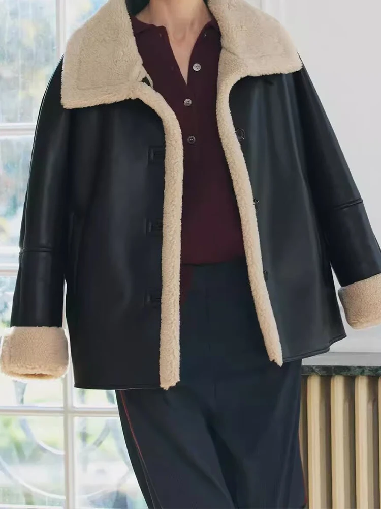 

Autumn and winter new women's fur and leather contrast stitching fleece double-sided lapel long-sleeved jacket