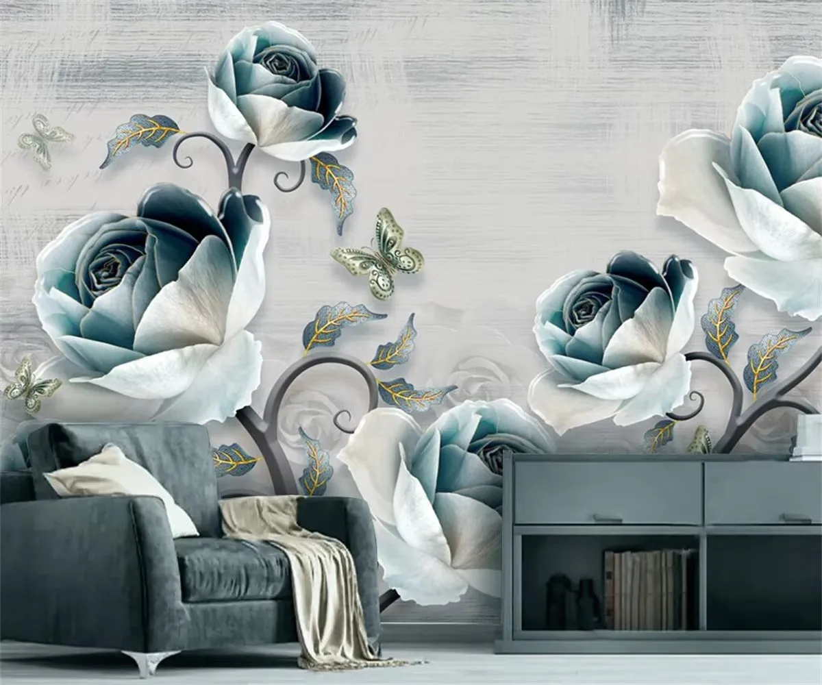 Customized Size Wallpaper Countryside Cement Wall Rose Multi Mural Purple Pink Flower Butterfly Decorative Painting 3d wallpaper
