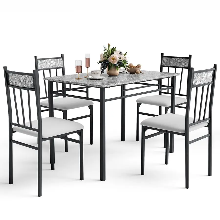 5 Piece Dining Table Set for 4, Faux Marble Kitchen Table and Chairs Set of 4, Vintage Rectangular Dining Room Table with Cushio