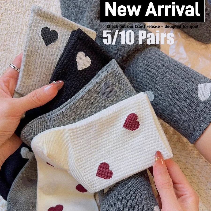 5/10 Pairs Spring Autumn Women's Socks Ins Japanese Korean Version Love Middle Tube Socks Trendy Fashion Long Tube Stacked Socks