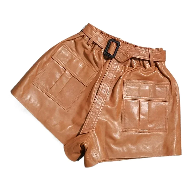 

Tajiyane Genuine Leather Shorts Women A Line Wide Leg Short Pants for Women Loose High Waist Short Pure Sheepskin Leather Pants