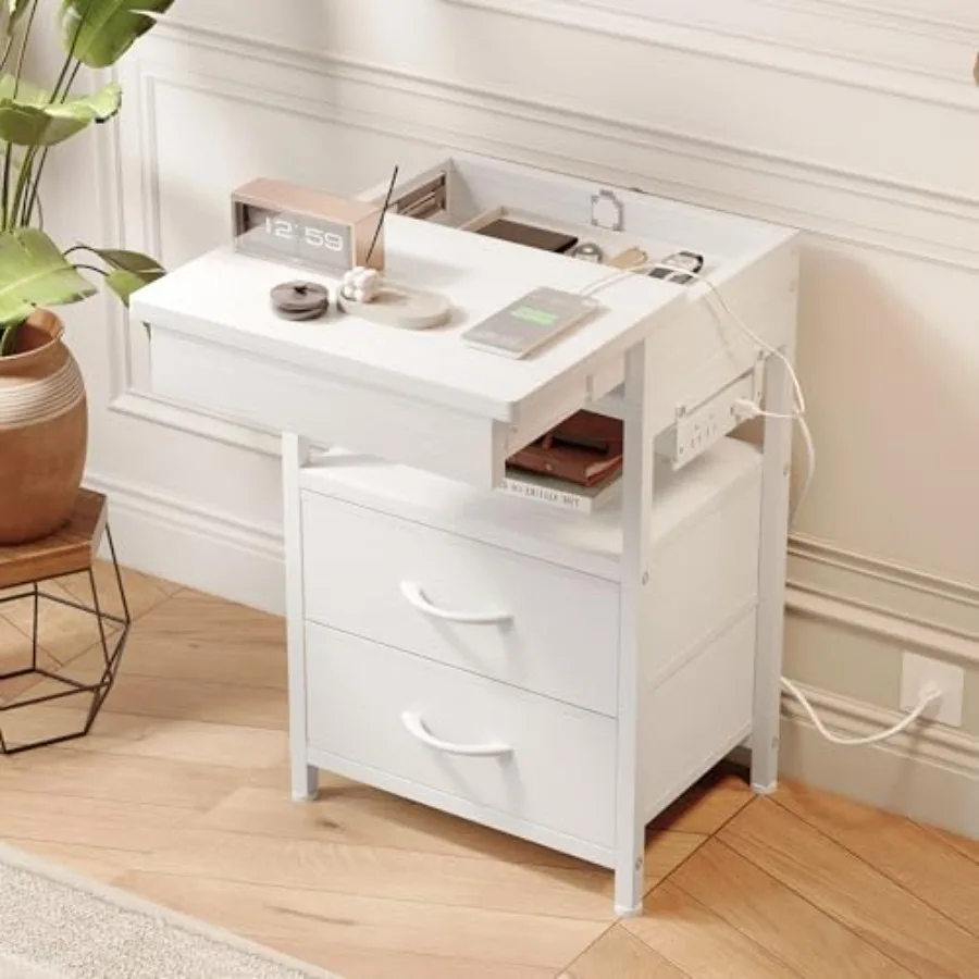 

Nightstand Bedside Table with Hidden Drawer and Charging Station Sliding Top Storage 2 Fabric Drawers Modern White Nightstand f