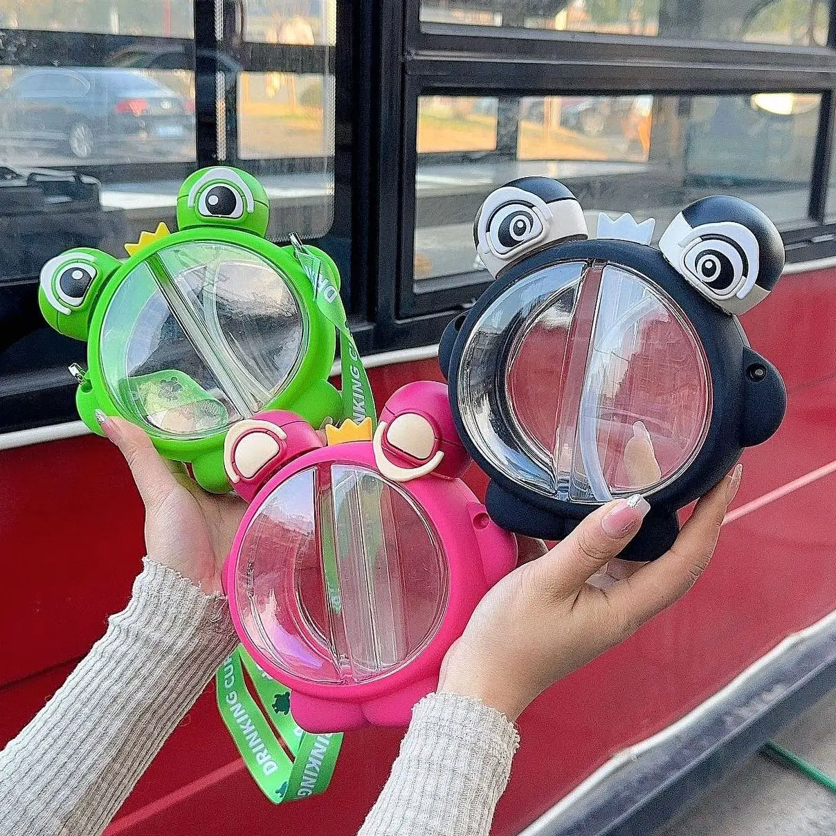 680ml Cute Animal Children Panda Frog Double Drinking Water Bottle Straw Portable Student Couple Plastic Cup Gift School Kid