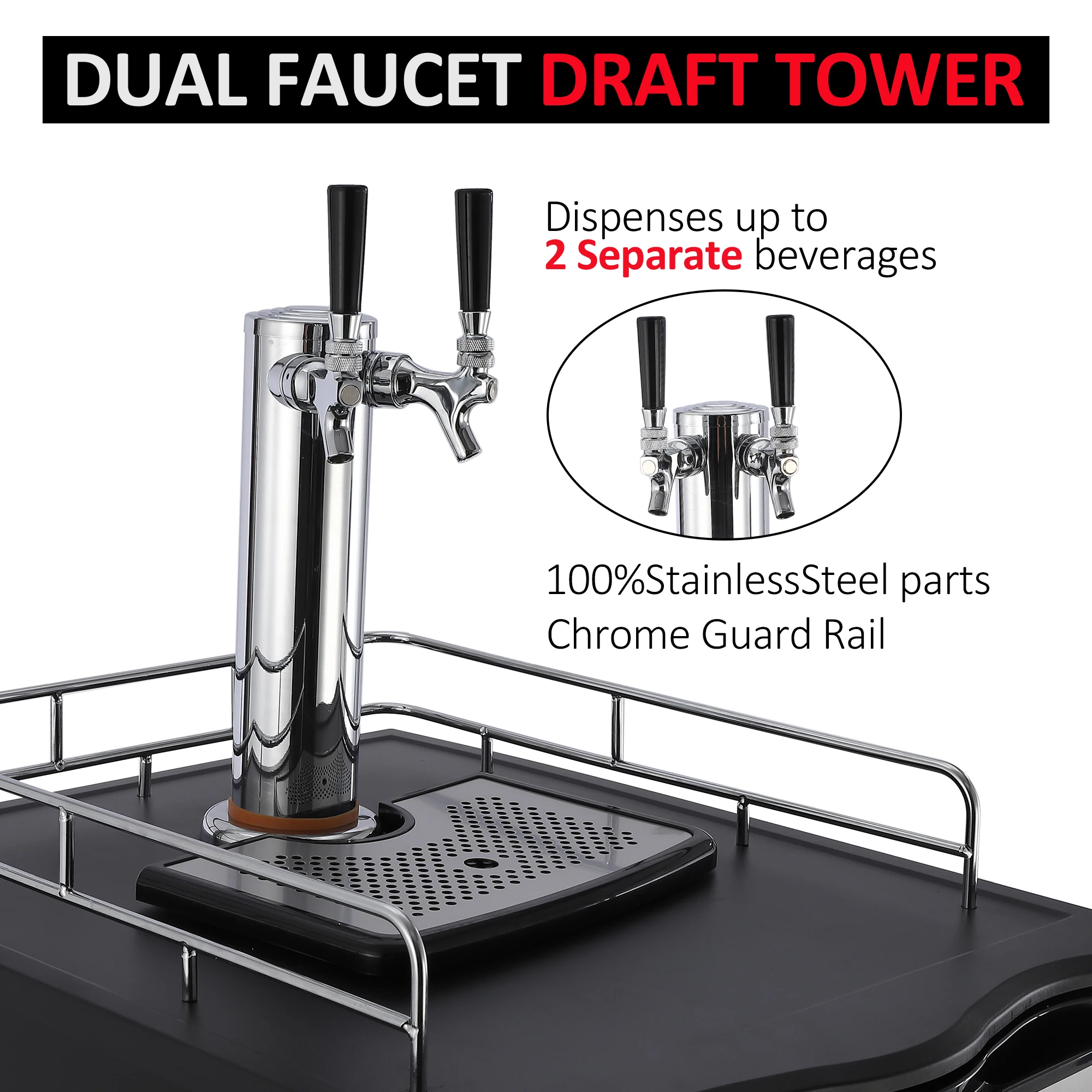 Refreshing Beer Experience: Dual Tap Kegerator with Full Size Refrigerator, Stainless Steel Design, Adjustable Temperature