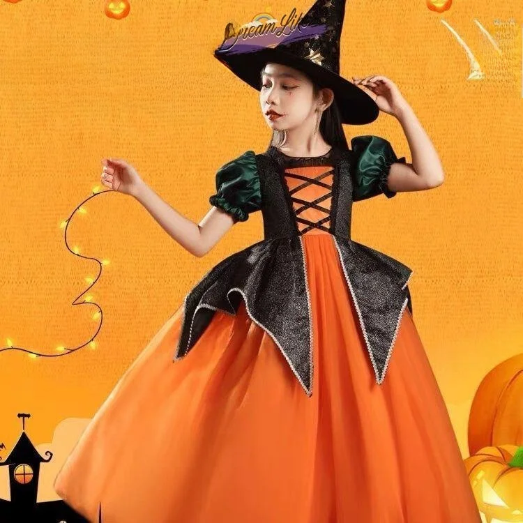 

loween Children's Witch Costume Pumpkin Skirt Fairy Princ Dr Masquerade Ball Performance Outfit Girl's Clothing