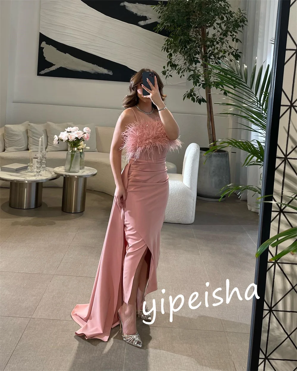 Customized  Ball   Jersey Feather Cocktail Party A-line One-shoulder Bespoke Occasion Gown Midi Es