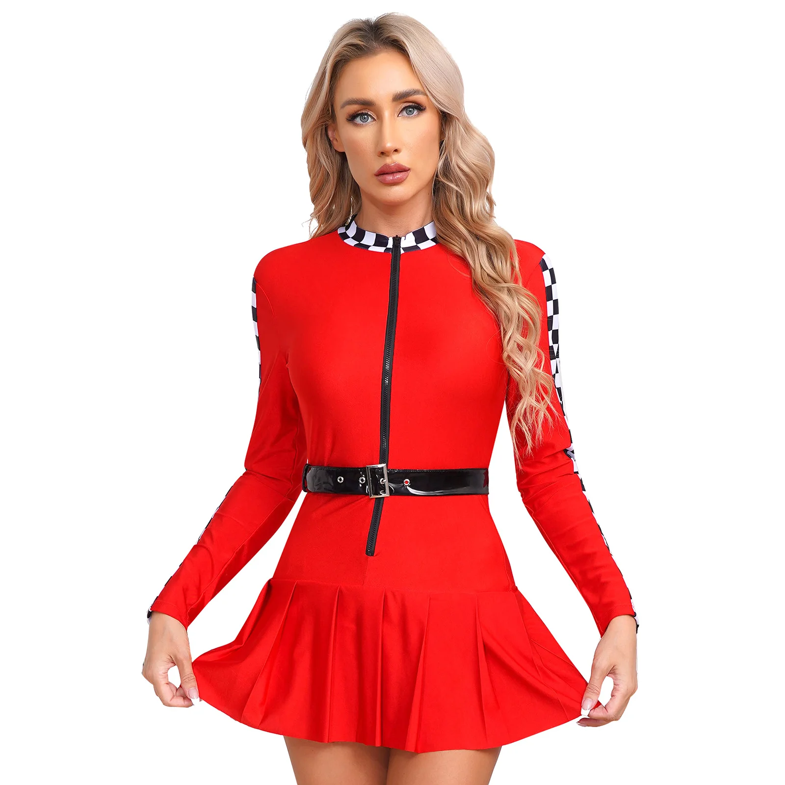 

HOT Womens Checkerboard Racer Dress with Belt Long Sleeve Pleated Skirt Racing Driver Dress Halloween Dress-up Party Costumes