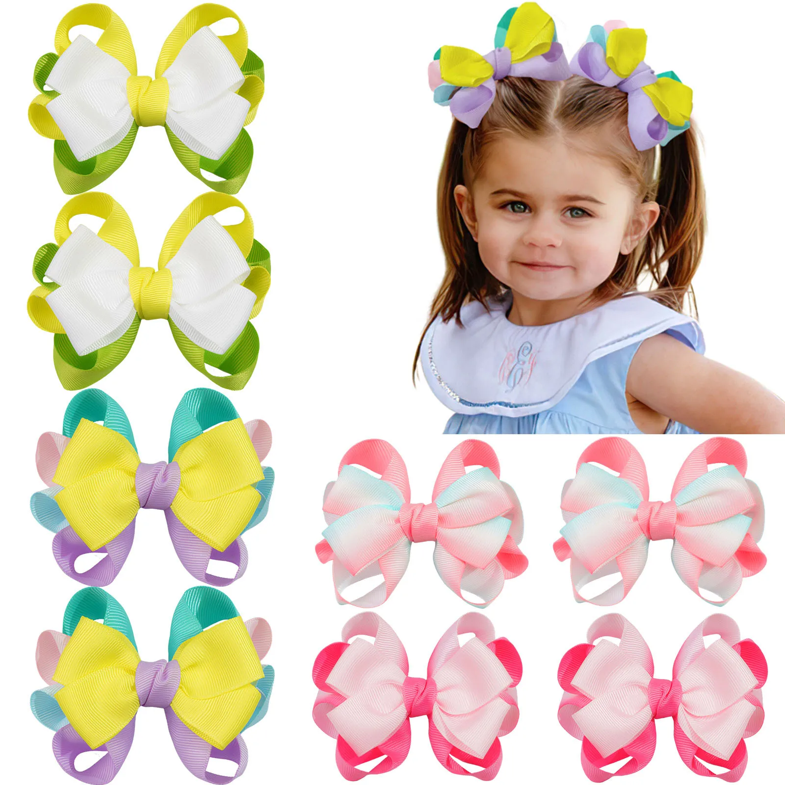 

4 шт., детская заколка для волос с бантом, градиент цвета радуги, двухслойная заколка для волос с пузырьковым цветком для девочек, подарок на день рождения, аксессуары для волос