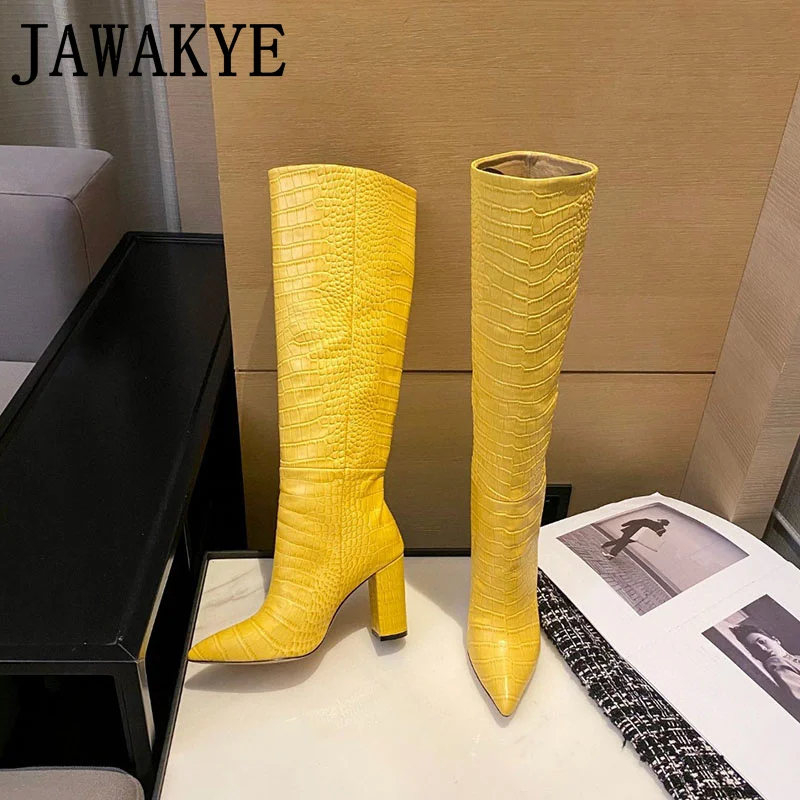 Fashion Week Snake Pattern Knee High Boots Women Pointy Toe Long Boots Autumn Sexy Runway Party Shoes High Heel Boots Women