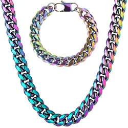12mm 316L Stainless Steel Colorful Rainbow Miami Cuban Chain Necklace Polishing Vintage Luxury Jewelry Unisex Neck Links Gift