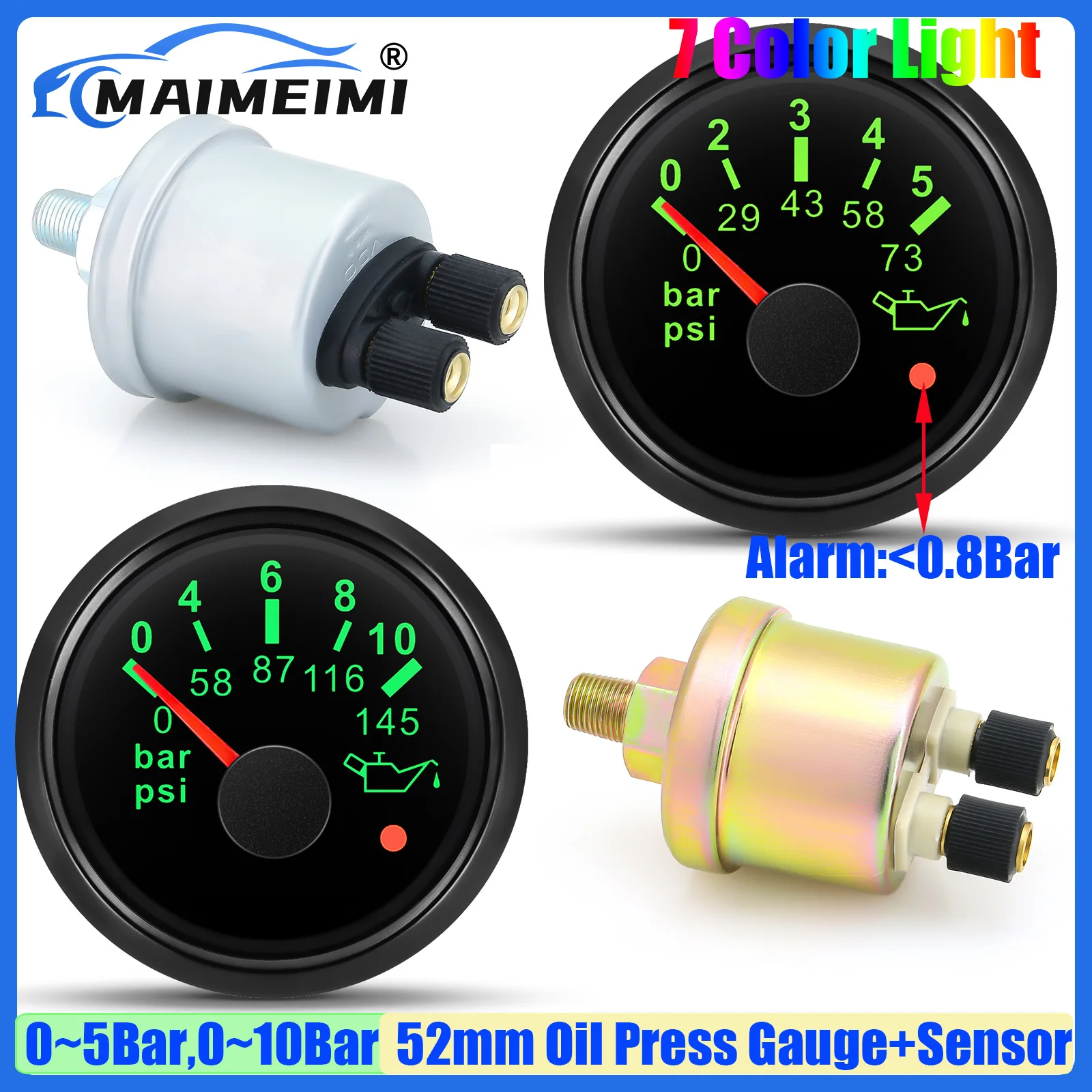 

7-цветная световая указка, манометр масла 52 мм с датчиком сигнализации 0-5 бар, индикатор датчика масла 0-10 бар для автомобиля, лодки, яхты