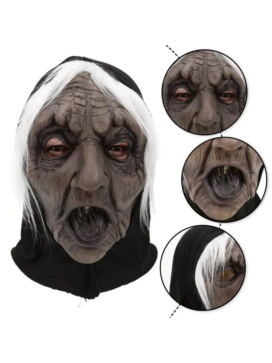 Weißhaarige Hexenmaske, Latex-Damenmaske mit Hijab und Perücke, geeignet für Kostüme zum Spielen als gruselige Hexe, Party-Requisiten. – Detail 5