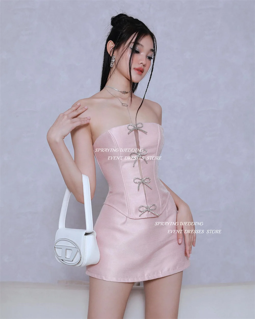 SPRAYING Bow Sexy Prom Gown Strapless A-line Cocktail Party Dresses Above Knee Photo Shoot Evening Dresses Corset Customized