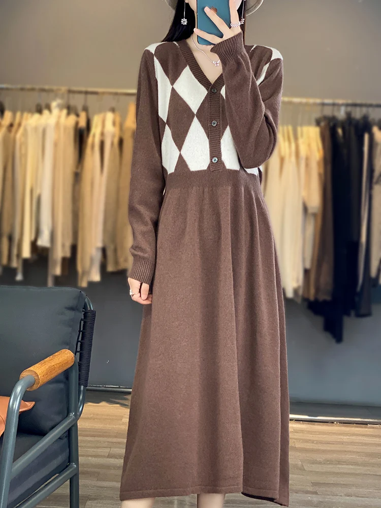 Women 100% Wool Knitted Dress V-Neck Loose Color Match Long Skirts High Waist Over Knee Pullover Sweater New Autumn Winter Dress