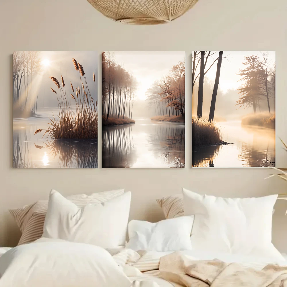 2D FLAT 3‑Piece Framed Canvas Wall Art Set, White Forest Lake Sunrise Scenery Print, Ready‑to‑Hang Wall Decor for Living Room