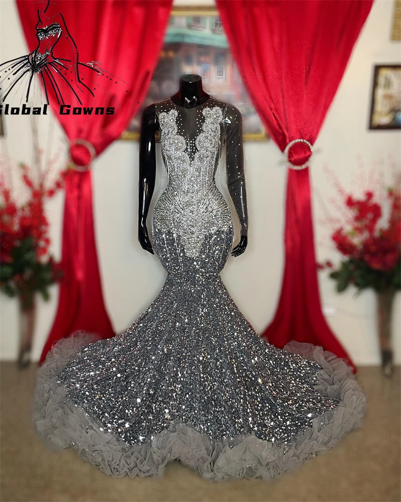 Silver Sheer O Neck Evening Gowns For Black Girls Sparkly Beaded Crystal Diamond Birthday Party Gown Ruffles Lomg Prom Dress