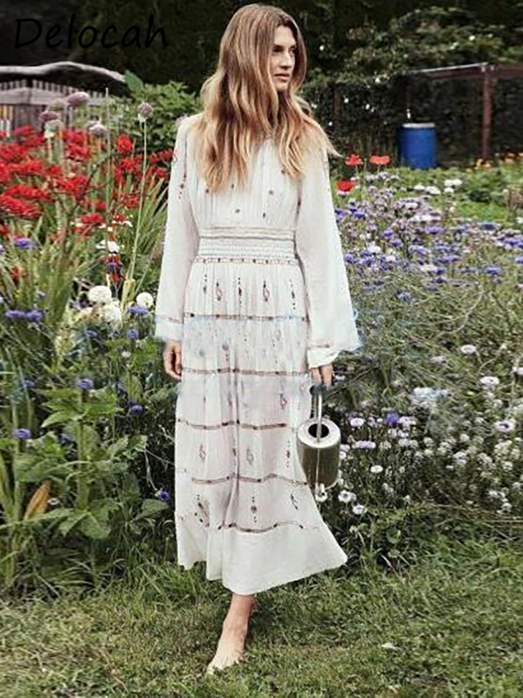 Delocah High Quality Autumn Women Fashion Designer Maxi Dress Long Sleeve Embroidery Hollow Out Big Swing Ladies Party Dresses