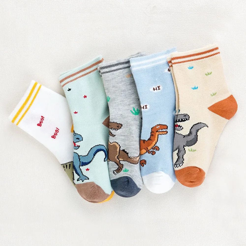 5 pares de calcetines para niños con patrón de dinosaurio de dibujos animados, calcetines para bebés y niños para todas las estaciones