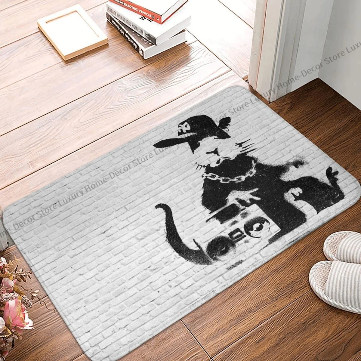 Banksy Wall Graffiti Bedroom Mat Gangsta Rat Doormat Flannel Carpet Outdoor Rug Home Decoration