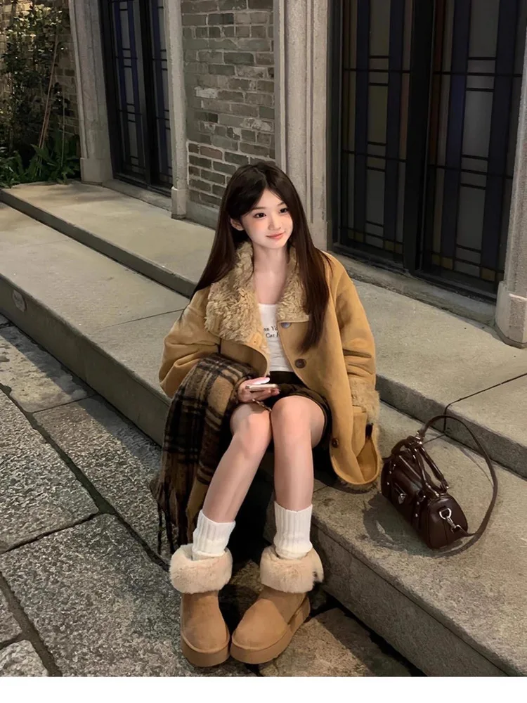 Abbigliamento bifacciale in pelle di agnello Jaet Cappotto di media lunghezza da motociclista allentato da donna Caldo pendolarismo Sle Polyest...