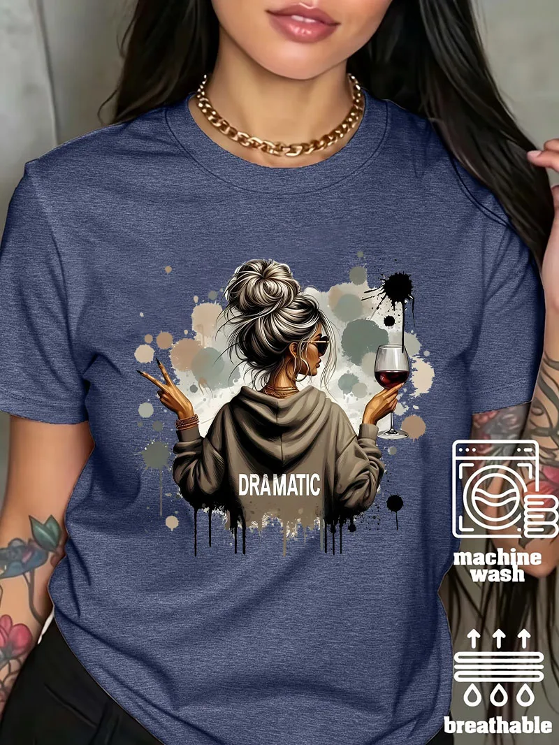 Y2k Vintage Women's Dramatic Lady with Wine Glass Graphic T Shirt Cool Girl Art Print 90s Chic T-shirt Short Sleeve Crewneck Tee