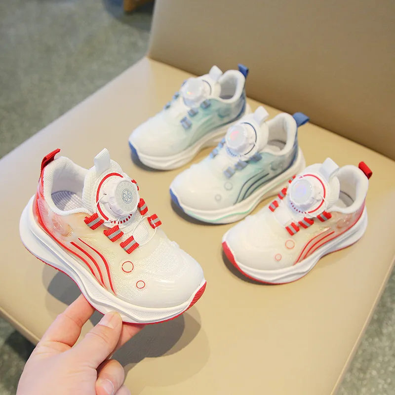 Children's Sneakers2024Spring and Autumn Boy's Casual Shoes Rotating Button Girls' Running Shoes Breathable Baby Net Shoes Singl