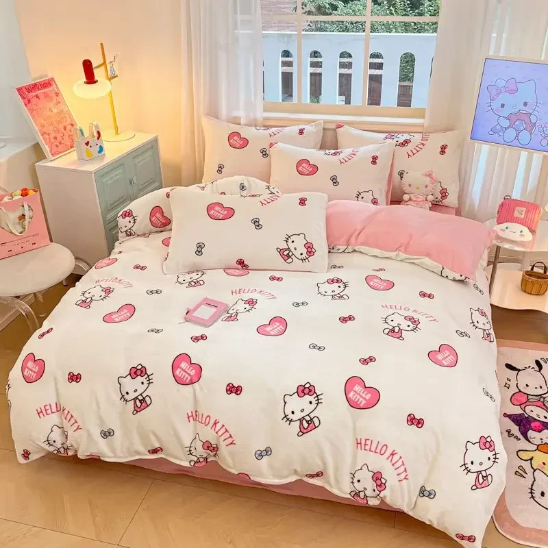 

Cinnamoroll Hello Kitty Anime Kawaii Sanrio Milk Velvet Quilt Cover Set Three Four-piece Set Cute Kuromi My Melody Bed Sheet Toy