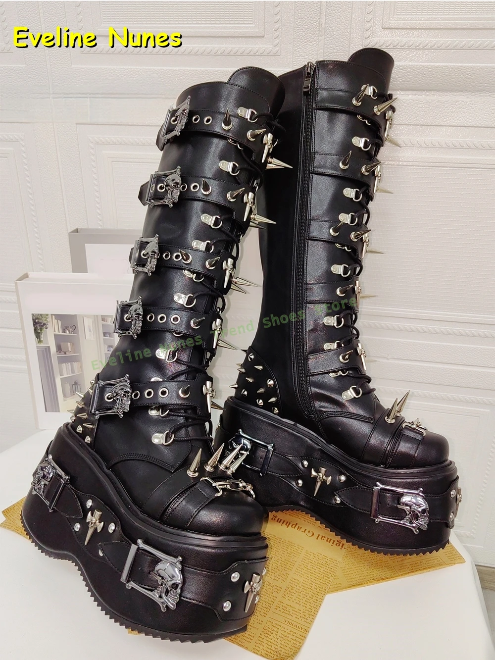 Metal Skull Decoration Punk Motorcycle Boots Round Toe Thick Sole Platform Belt Buckle Lace Up Heavy Work Knee High Boots 2025