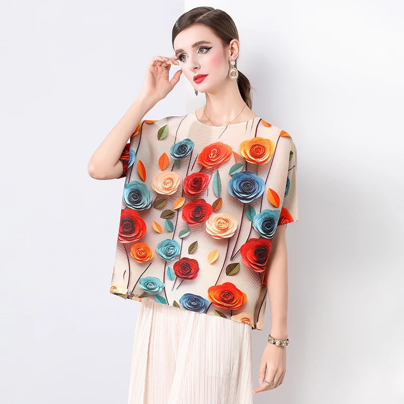 New Oversize High Stretch Fashion Summer Floral Miyake Pleated T-Shirt Designer Women O Neck Rose Flower Print Loose Tshirt Tops