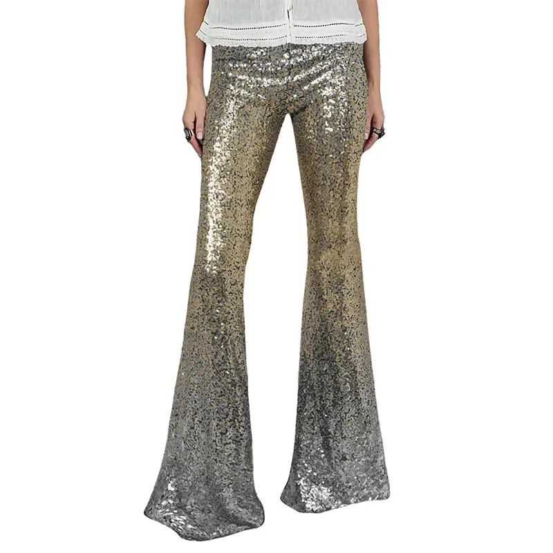 Pantaloni Glitter a vita alta per le donne 2023 abbigliamento primavera estate pantaloni a zampa di paillettes scintillanti Party Clubwear