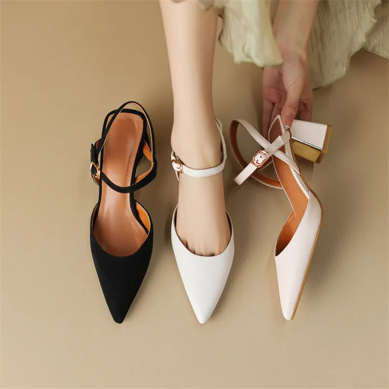 New Summer Sandals Sheep Suede Women Sandals Pointed Toe Back Strap Chunky Heel Shoes for Women Casual Shoes Zapatos De Mujer