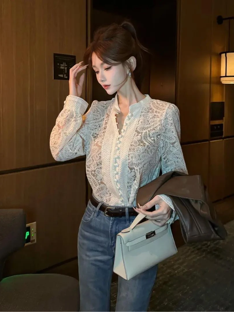 

Элегантный кружевной топ с длинными рукавами, модный, ажурный, базовый слой, свободный крой, дышащий, приятный для кожи.