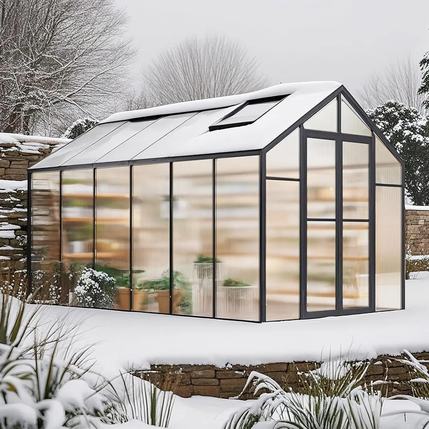 Polycarbonate Greenhouse, 8 x 12 Ft, Outdoor Greenhouse with 2 Vent Windows, Pavilion Styled with Hinged Door,, Customized