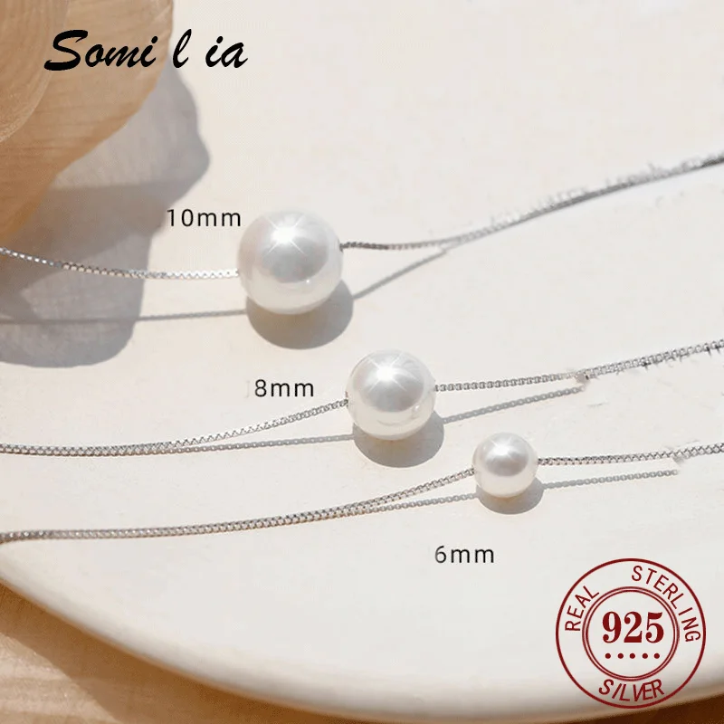 

Somilia Fashion AAAAA White Round pearl Pendant Necklace 100%925 Sterling Silver Jewelry For Women Female DIY Necklaces Jewelry