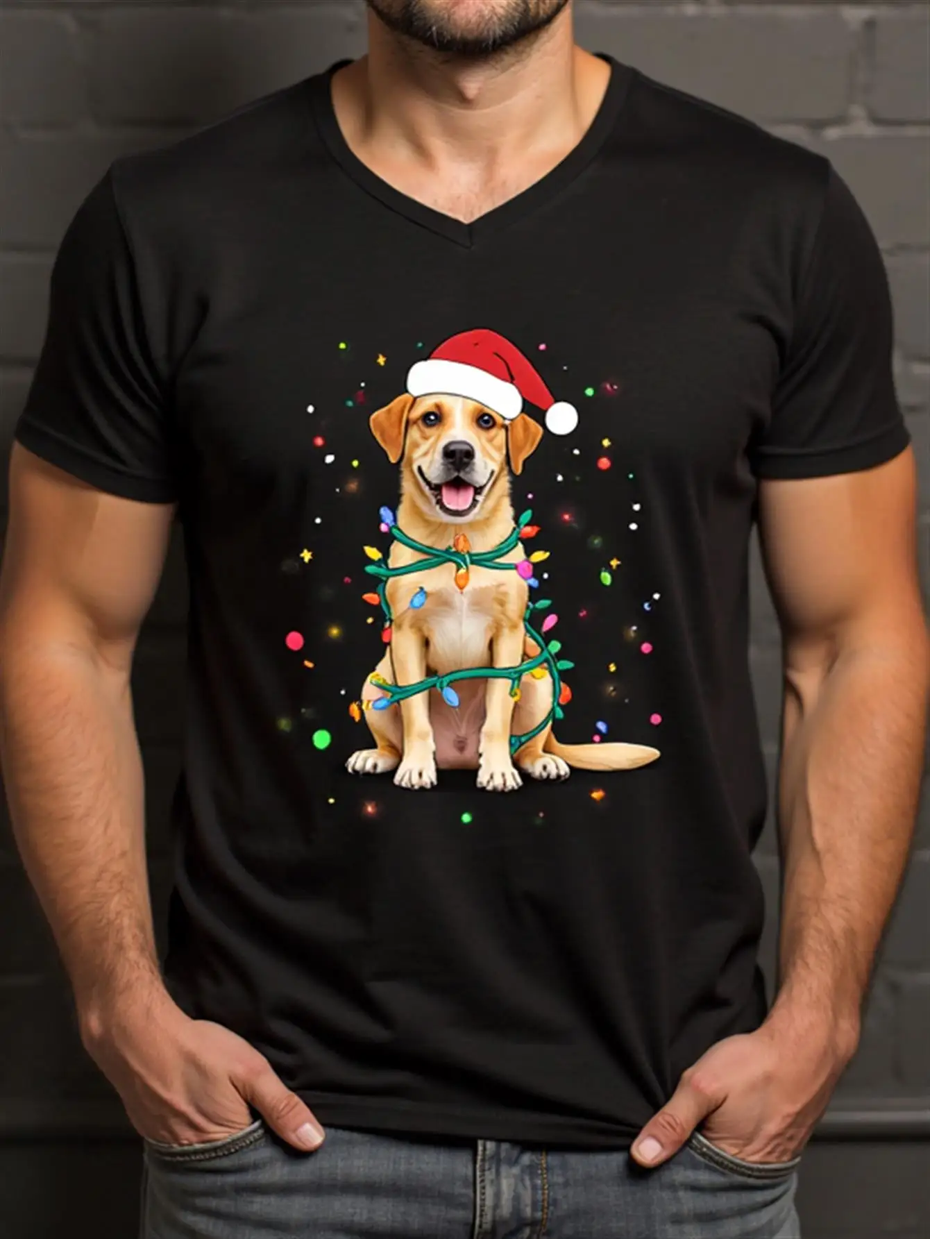 Men's Christmas T-Shirt with Santa Hat, Golden Retriever and Light Patterns, Suitable for Holiday Parties and Casual Wear, Soft and Breathable T-Shirt, Fun Dog Lover Gift, Sizes S-Xxl, Year-Round Casual Wear, Festive Clothing, Lively Design, Comfortable Fit