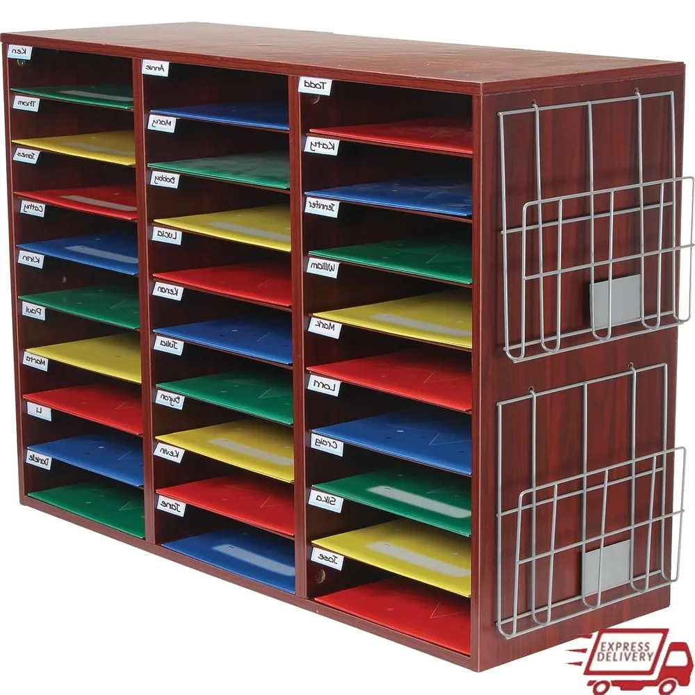

Classroom Mail Center with Paper Holders 27 Compartments Easy Organization Wire Racks Space Saving Wooden Storage Solution