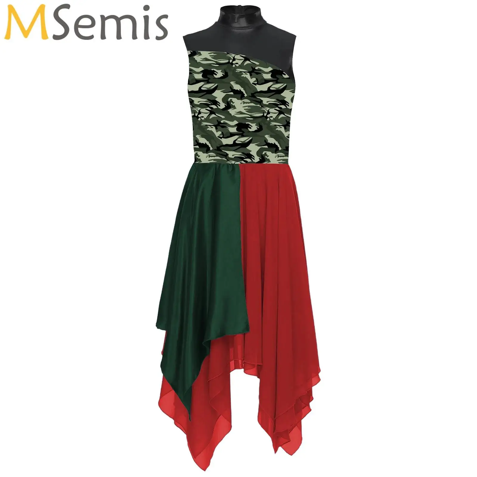 

Women Worship Praise Lyrical Dance Dress Sleeveless Print Color Block Chiffon Hem Dress Church Tunic Choir Performance Dancewear